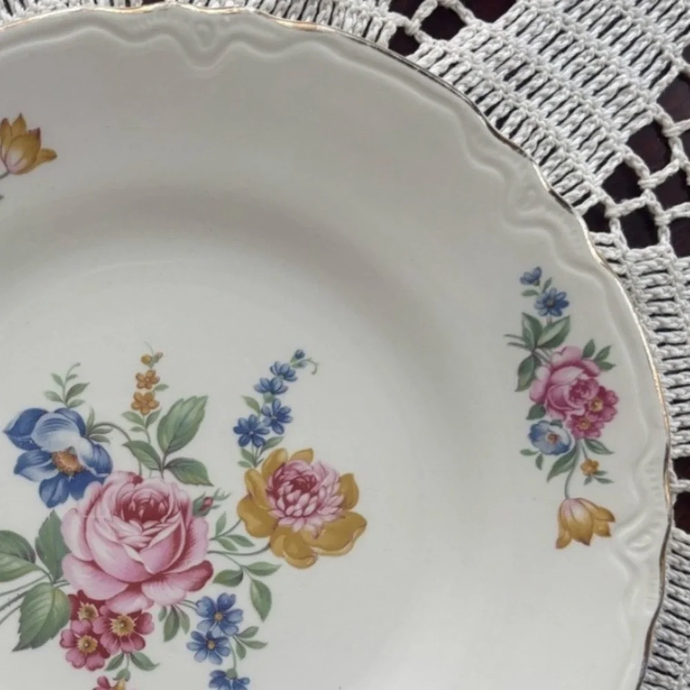 Vintage Floral Plate Scio Ohio Cottage Core White Cream Rose Blue Green Gold Rim